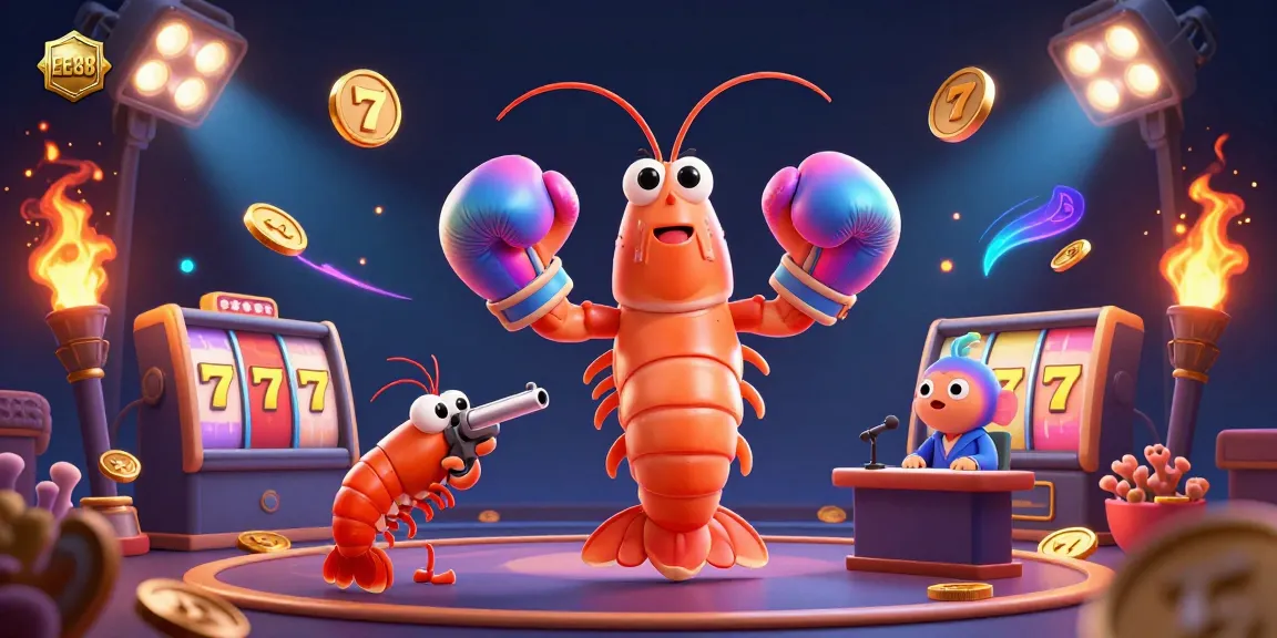 Win exciting jackpots with EE88's vibrant digital casino featuring animated shrimp characters.