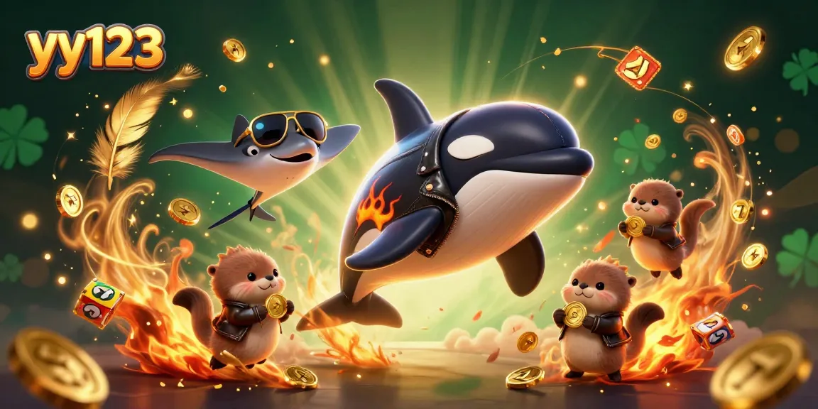 yy123 showcases vibrant casino entertainment with a dynamic scene of an orca whale, stingray, and sea otters amidst gold coins and slot reels.
