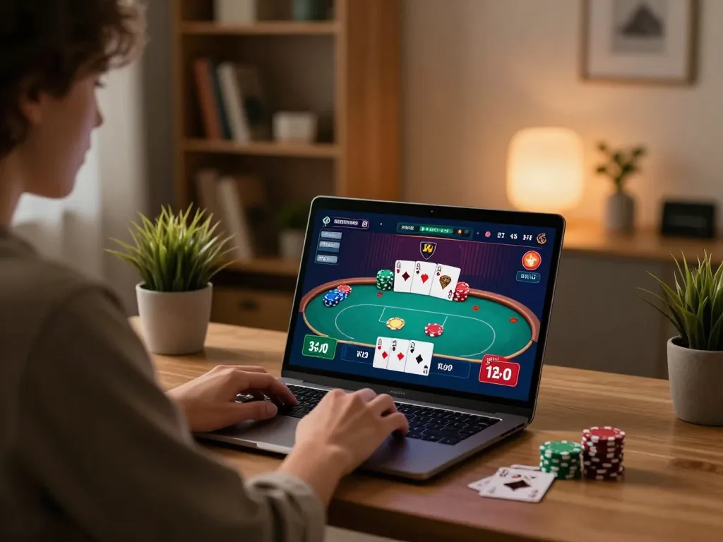 C168 player strategizing online poker at home with a cozy setup