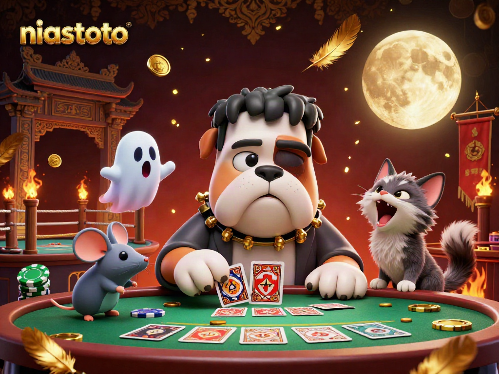 Di NIASTOTO, bulldog Frankenstein dan teman-teman bermain kartu di meja hijau bercahaya, menyaksikan suasana kasino yang menakjubkan.
