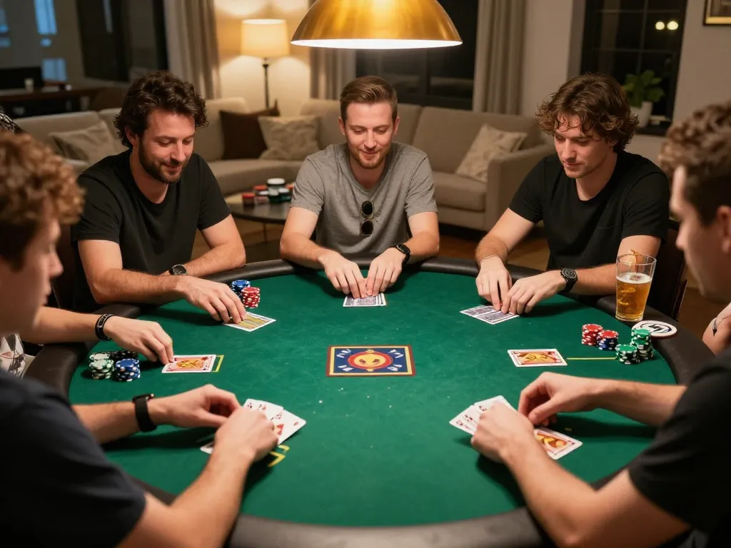 Players enjoying a thrilling poker game at home showcasing LGOGOAL strategies and social interaction.