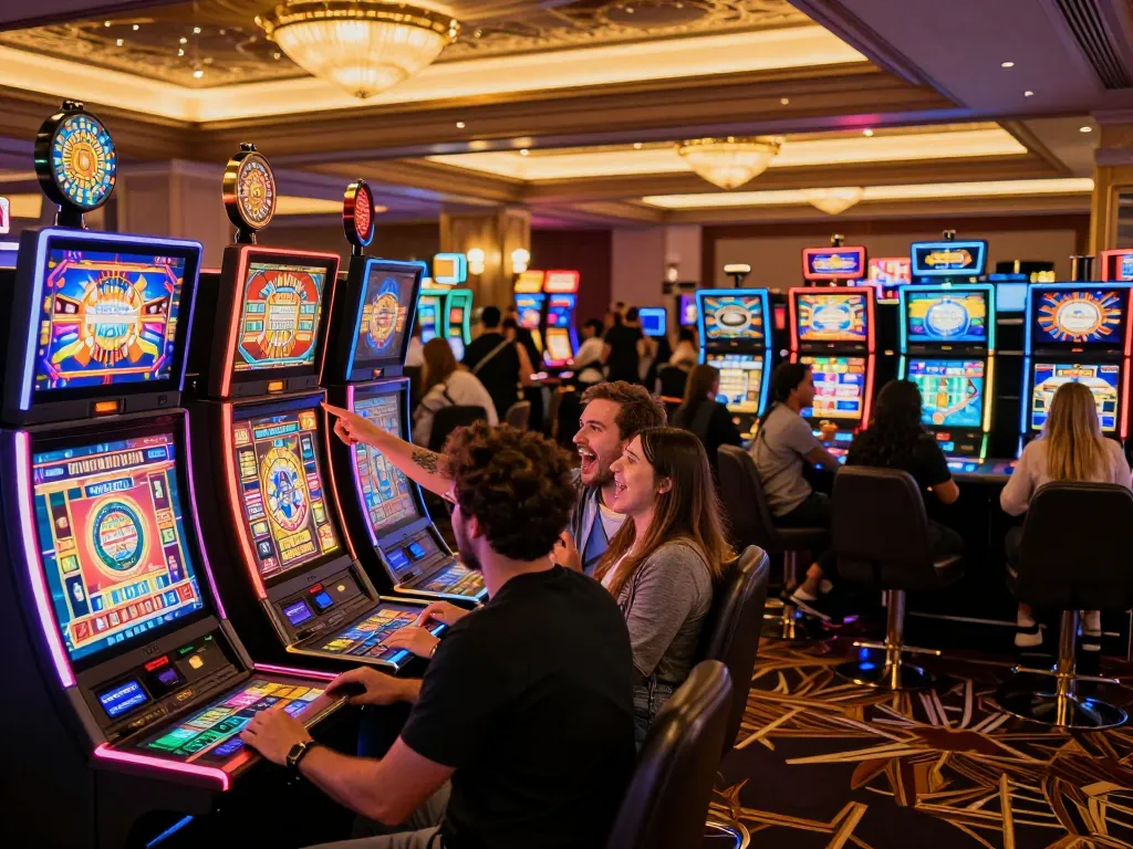 Players enjoying vibrant slot machines at ligalgo casino, capturing the excitement and colorful gameplay.
