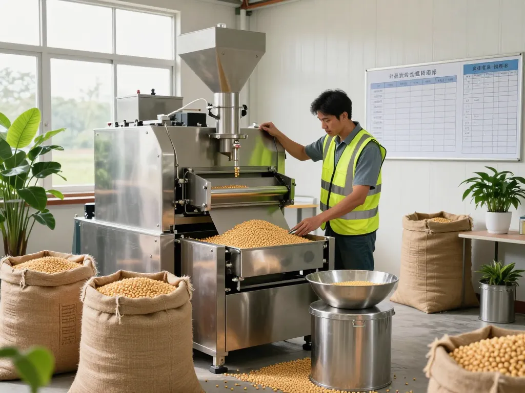 Innovative tempeh production scene featuring BANDIT69 equipment and fresh soybeans in a modern agricultural workshop.