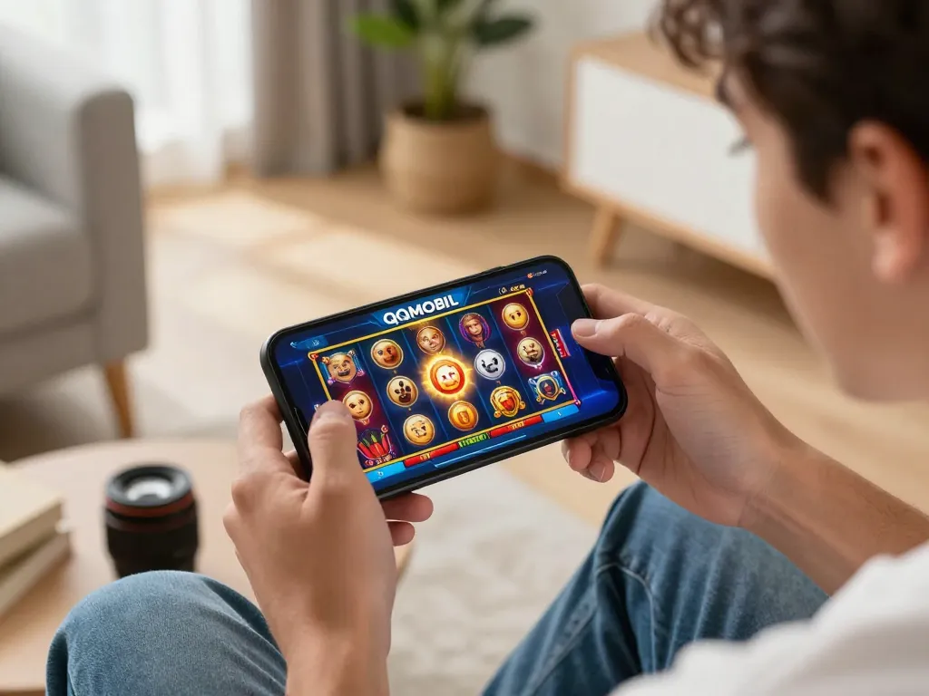 Player engaging with QQMOBIL app on smartphone, experiencing thrilling slot games in a stylish home environment.