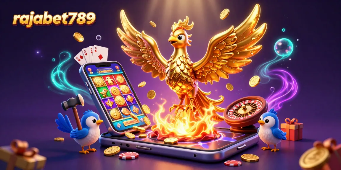 gambar rajabet789 dengan phoenix emas meluncur dari forge, permainan slot yang berkilau.