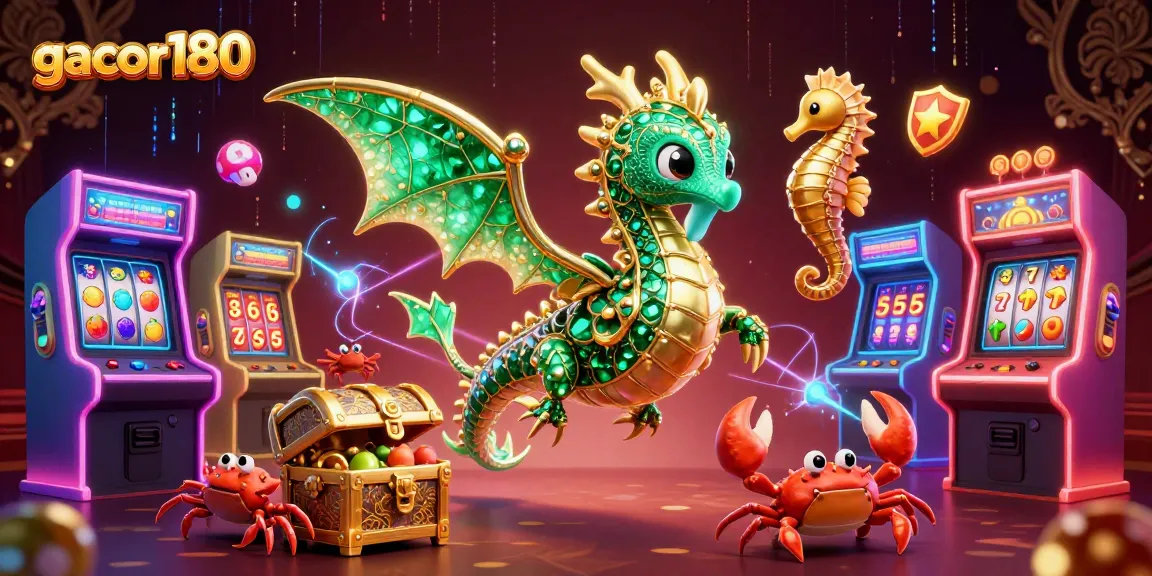 Gacor180 menampilkan naga laut 3D dan simbol slot dalam grafik casino yang menarik.