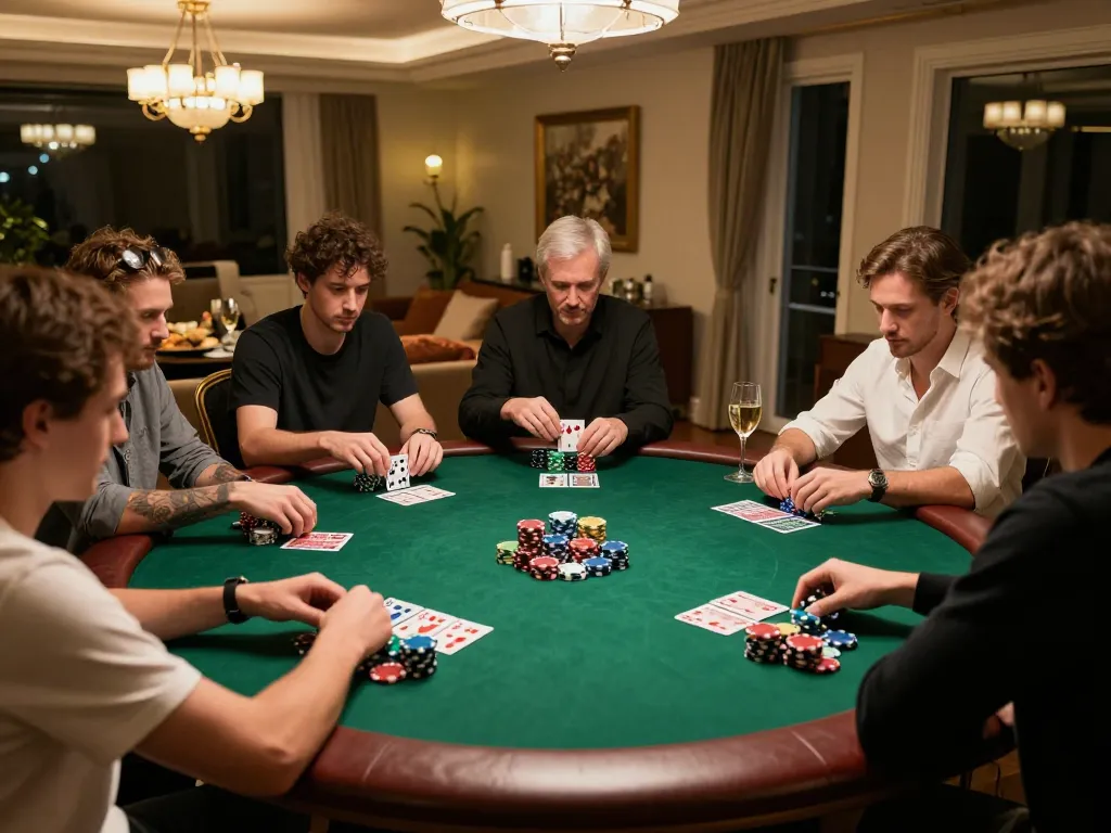 UGDEWA players strategizing during a home poker night with snacks and drinks