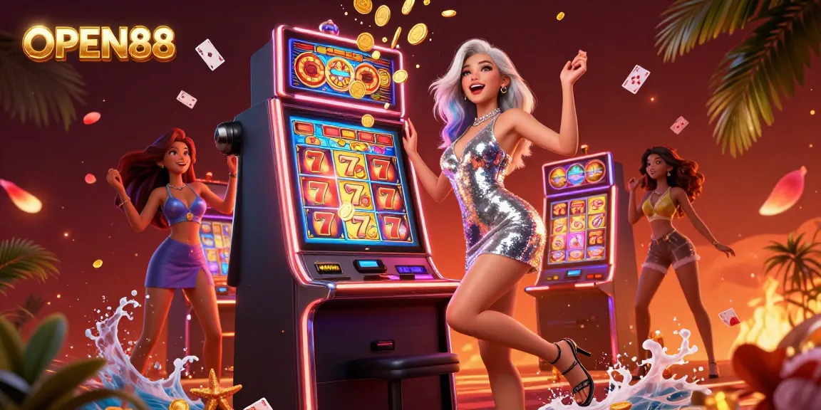 Join the exciting world of OPEN88 as a stylish woman celebrates a jackpot win at a vibrant casino.