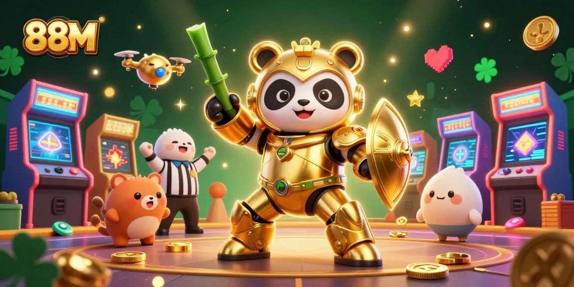 Experience excitement at 88M while piloting a golden panda mech-suit in a vibrant gaming arena.