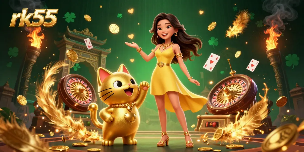 Experience the thrill of rk55 casino games with a joyful woman and a lucky cat mascot amidst dynamic elements.