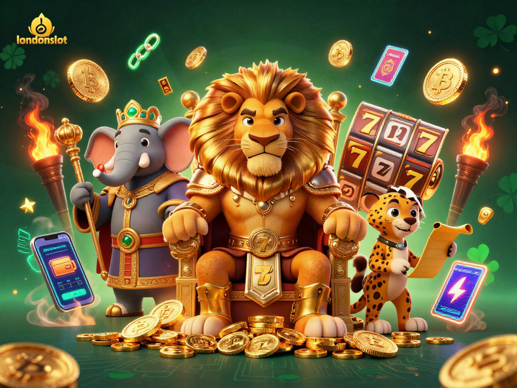 Engage with londonslot in this vibrant 3D illustration showcasing a regal lion and casino elements.