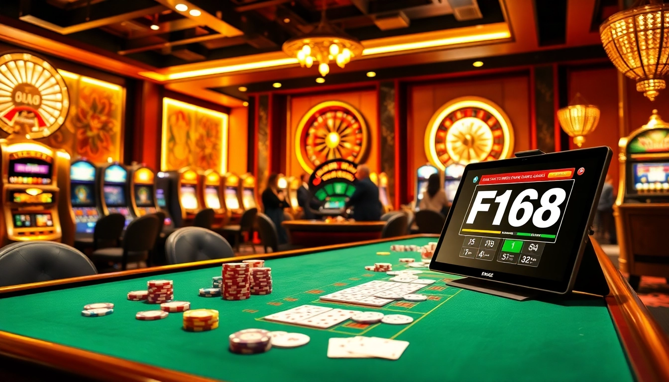 F168 casino table filled with colorful poker chips, illuminated by bright lights.