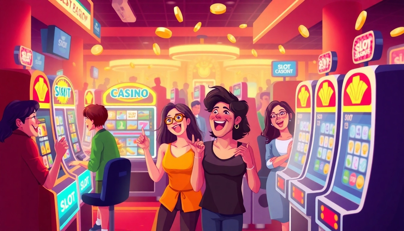 Excited players enjoying slot gacor games at a vibrant online casino.
