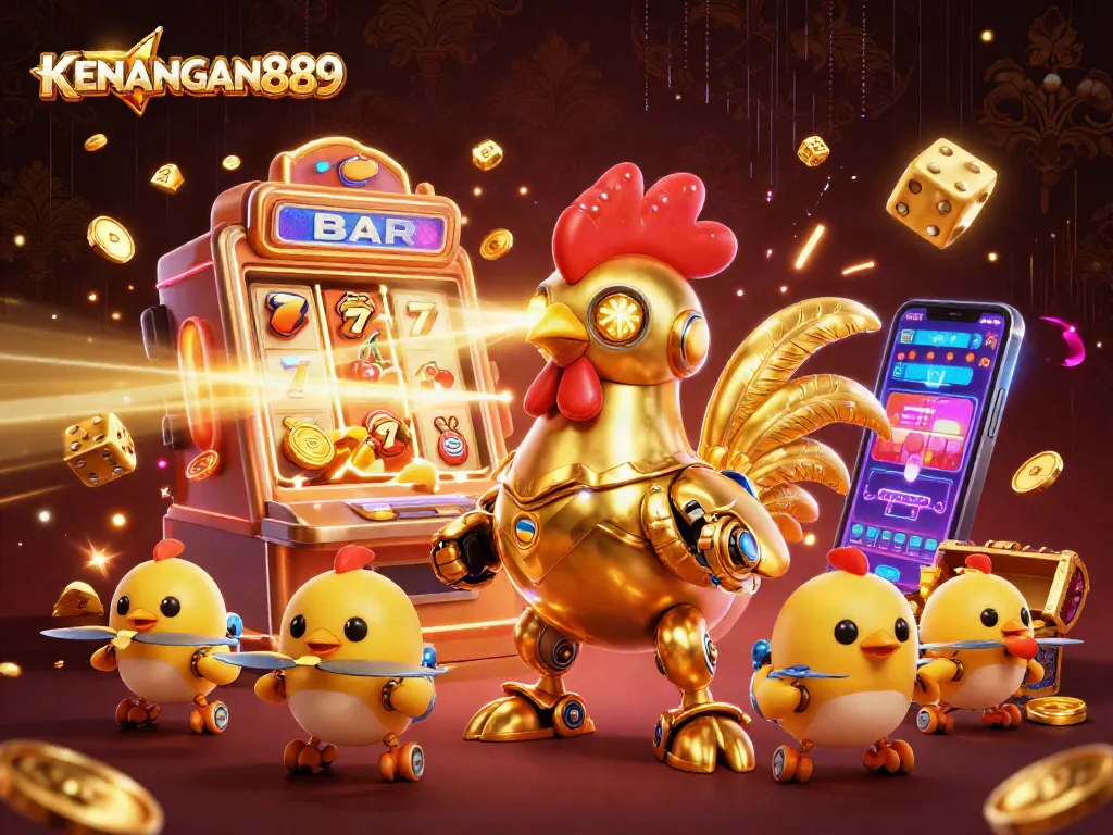 Experience the excitement at KENANGAN889 with animated casino elements featuring a golden rooster robot.