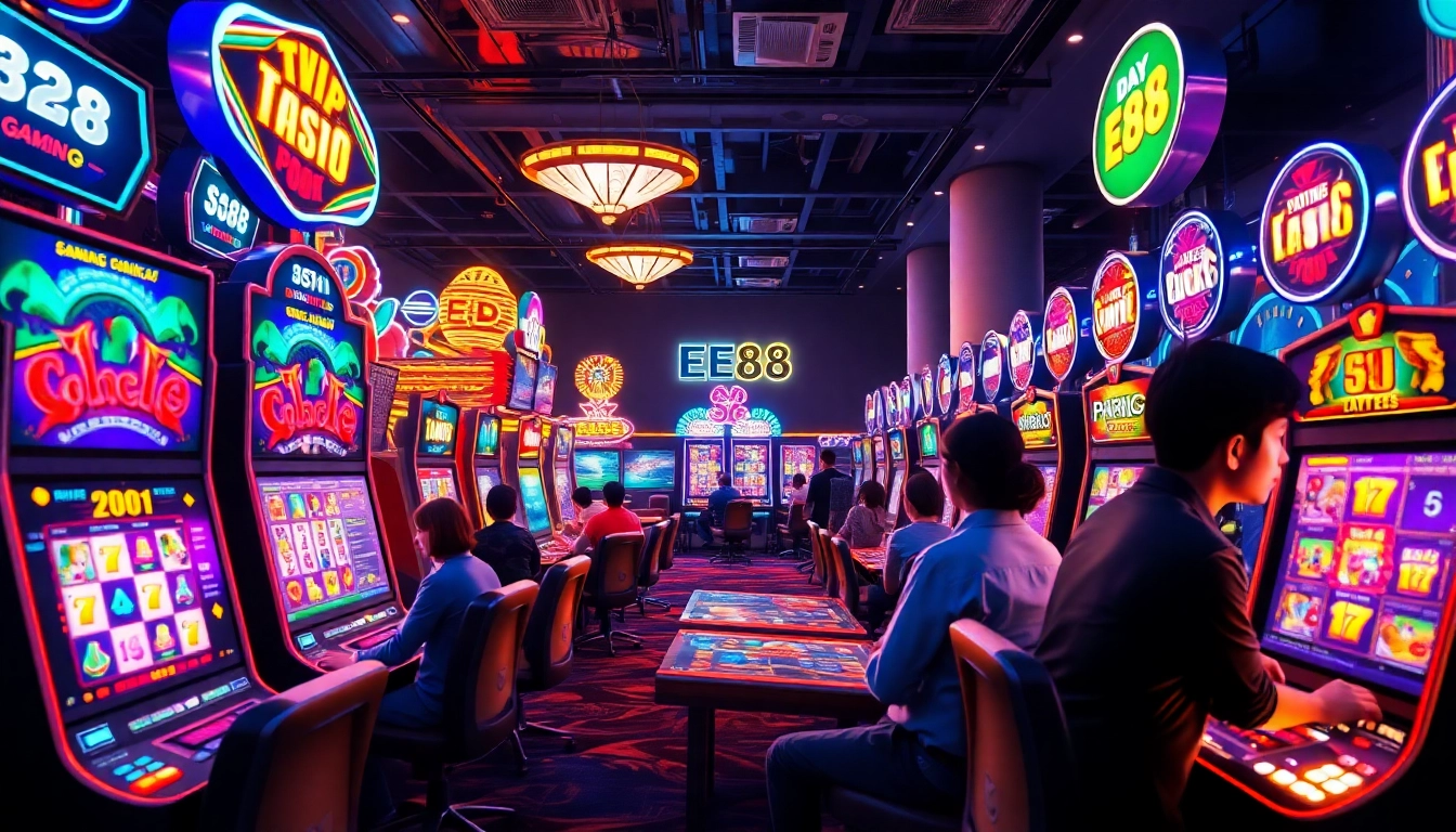 Exciting gaming atmosphere at EE88, featuring colorful 3D machines and engaged players.