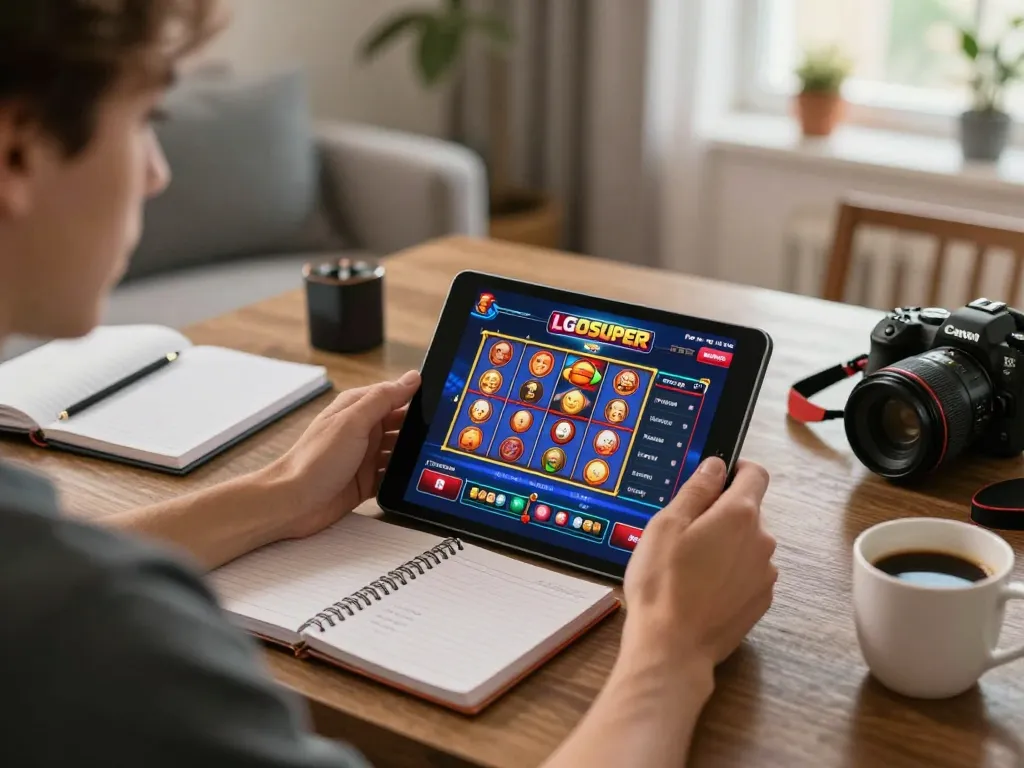 Player enjoying LGOSUPER online slot games on a tablet, surrounded by betting strategy notes and a coffee.