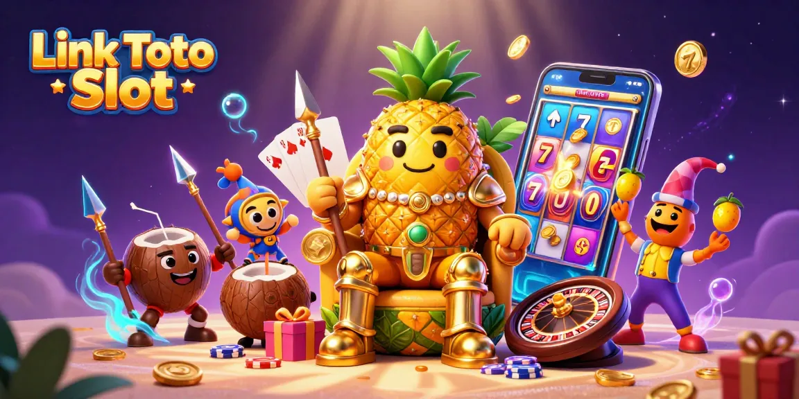 Slot game Link Toto Slot dengan raja nanas dan jester berlatih di kasino pantai.