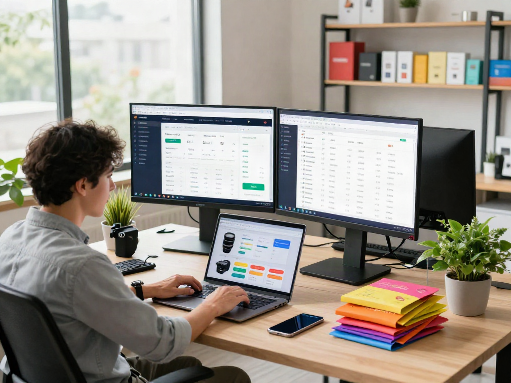 Ruang kerja e-commerce dengan analisis produk pecah25 dan data penjualan.