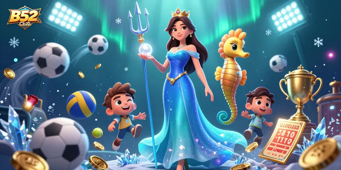 B52Club showcases a stunning underwater scene with a captivating woman and seahorse king, embodying exciting casino elements.