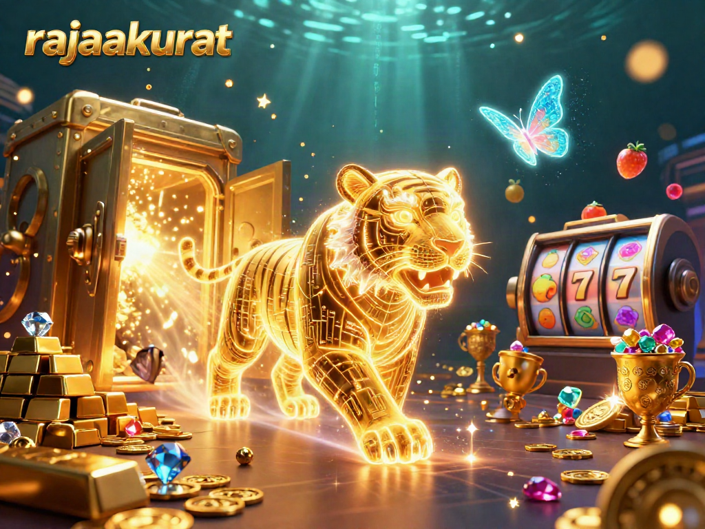 Permainan slot seru di rajakurat dengan simbol buah dan jackpot bersinar.