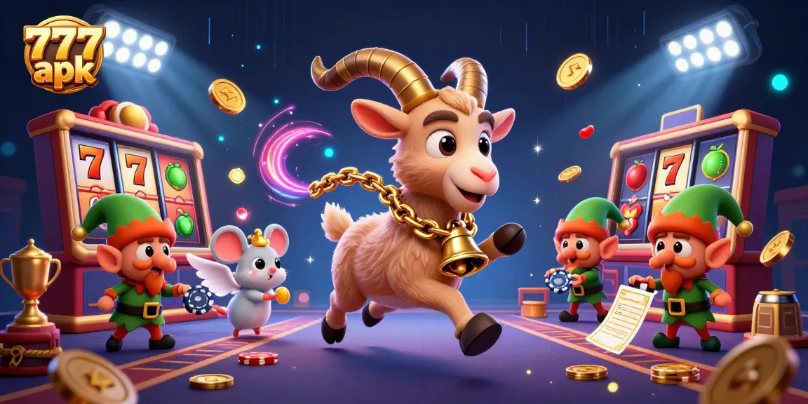 Spin the reels of 777 apk in a vibrant casino scene with Krampus and festive distractions.