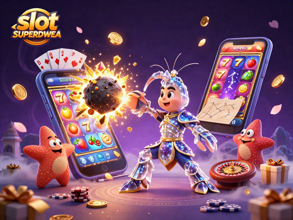 Spin the reels with slot SUPERDWEA as golden gems and coins explode from asteroids in this vibrant scene.