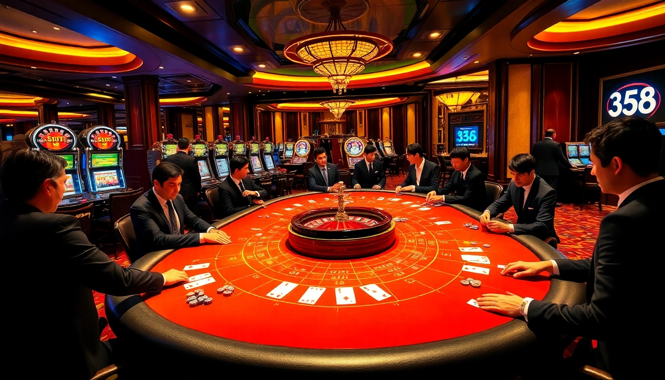 Exciting poker action at SV 368 casino, showcasing professional players and vibrant game tables.