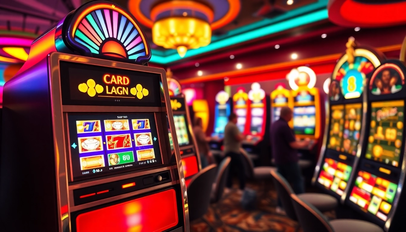 Permainan slot yang menarik di mesin kasino dengan lampu dan warna cerah.