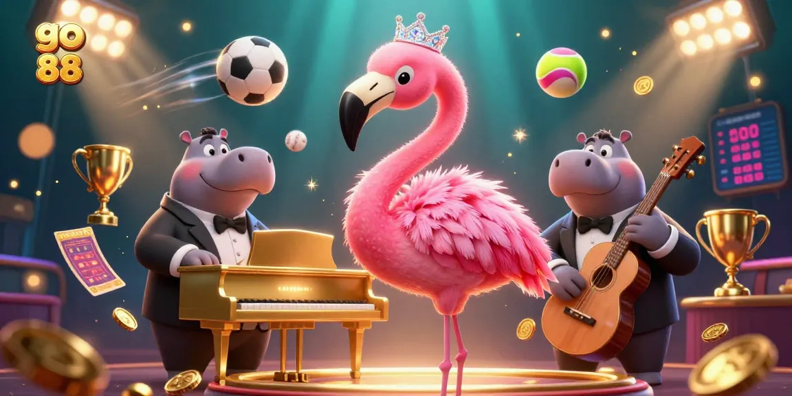 go 88 featuring a vibrant casino scene with a flamingo singer and hippo bassist, embodying energetic gambling fun