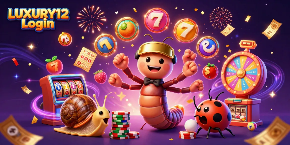 LUXURY12 Login features a thrilling 3D illustration with slot game elements and vibrant casino characters.