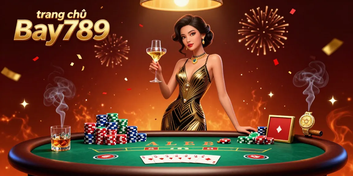 Experience the excitement of gaming at trang chủ Bay789 with a vibrant casino scene featuring an elegant Asian woman celebrating victory.