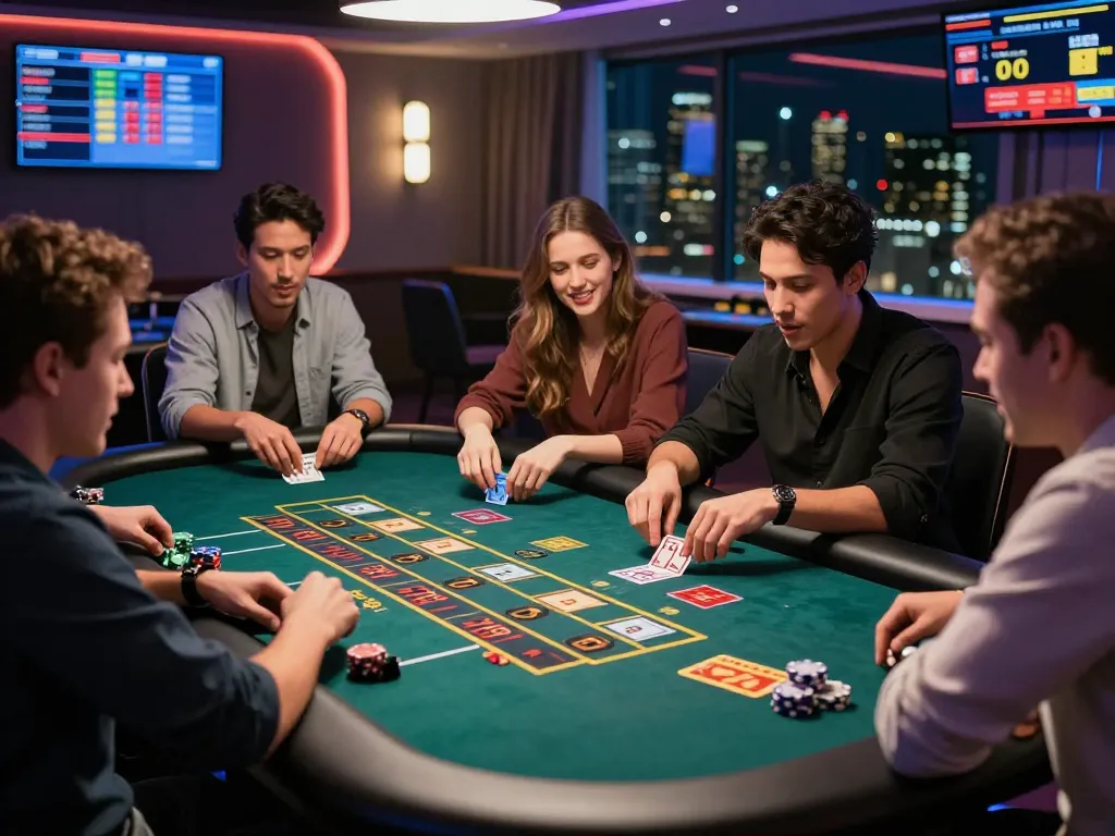Engaged players at O8 delivery gaming table, experiencing dynamic live gambling atmosphere with vibrant graphics and city skyline.
