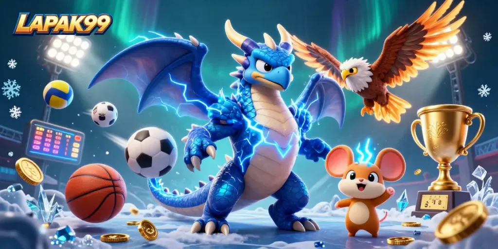 LAPAK99 offers an engaging scene with a thunder dragon, sports elements, and dynamic players in action.
