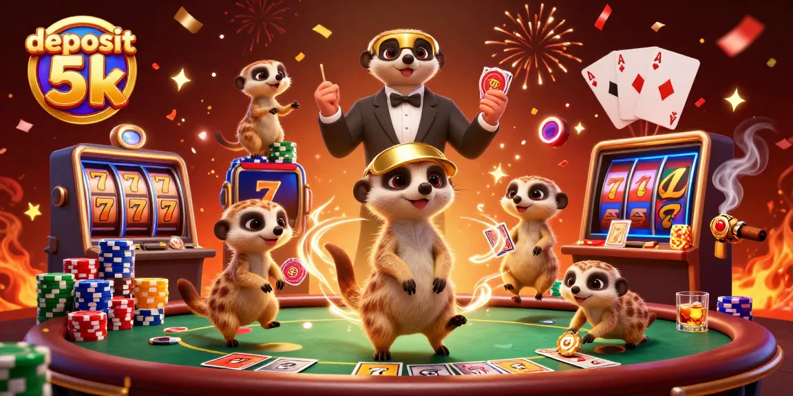 Experience thrilling wins at deposit 5k with a vibrant 3D cartoon casino scene featuring lively meerkats.