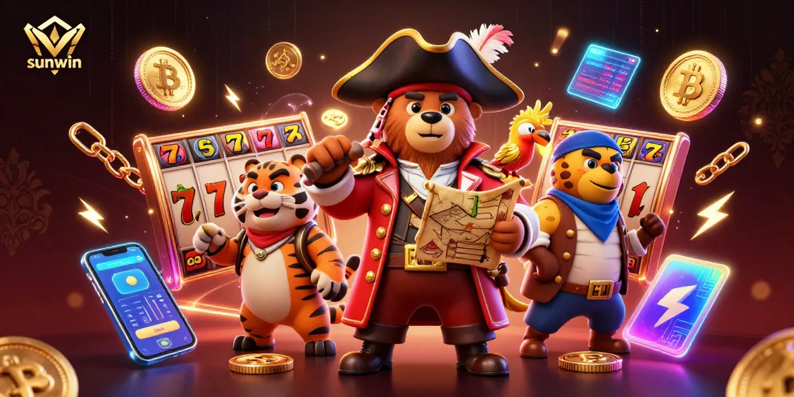 Experience thrilling jackpots and big wins at Sunwin with a cartoon pirate captain and friends.