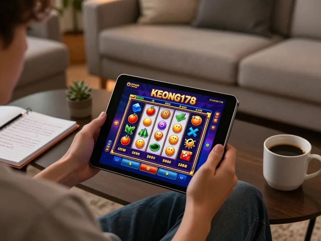 Engaging slot gameplay on KEONG178, featuring vibrant graphics and a relaxed home setting.