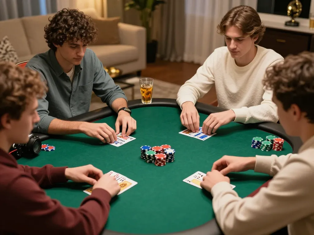 Players strategizing in a friendly poker game at home, highlighting the 789club gaming experience.