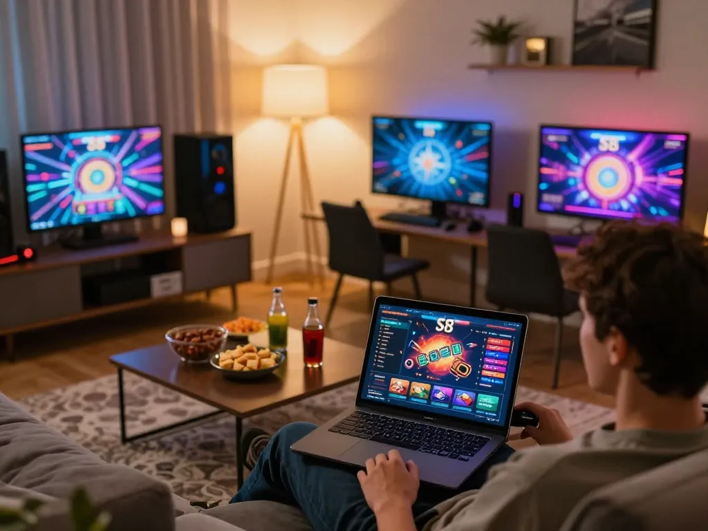 S8 online gaming setup with vibrant interface and relaxed ambient lighting.