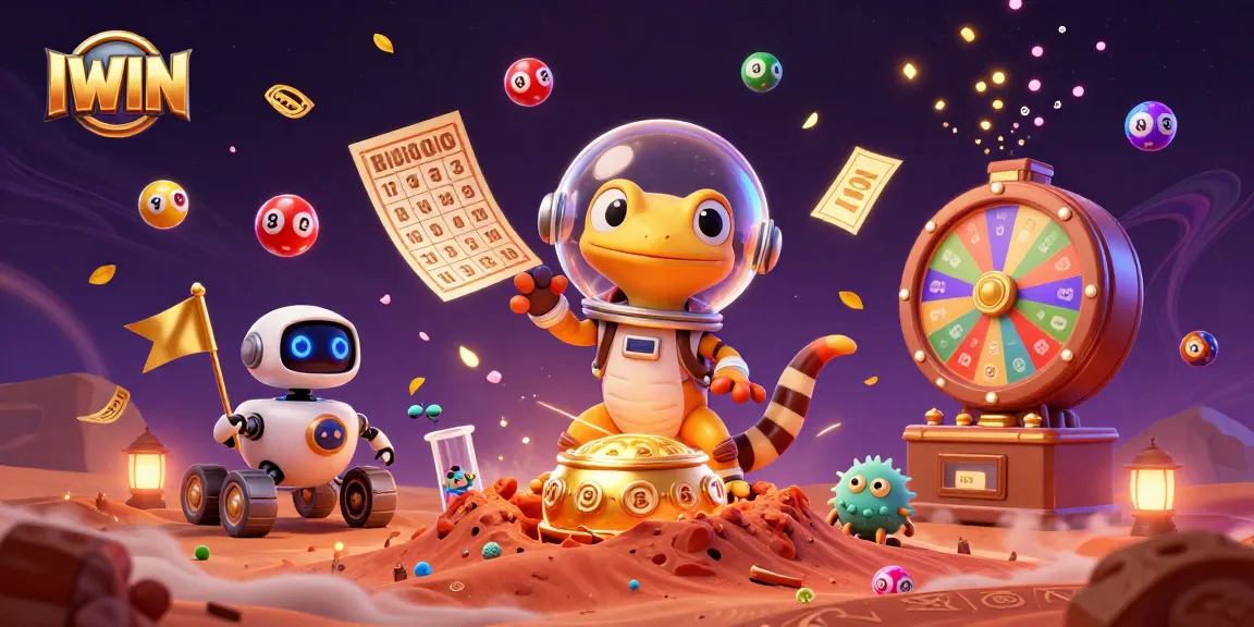 Join the IWIN adventure with a Martian gecko discovering a golden casino in a vibrant scene.