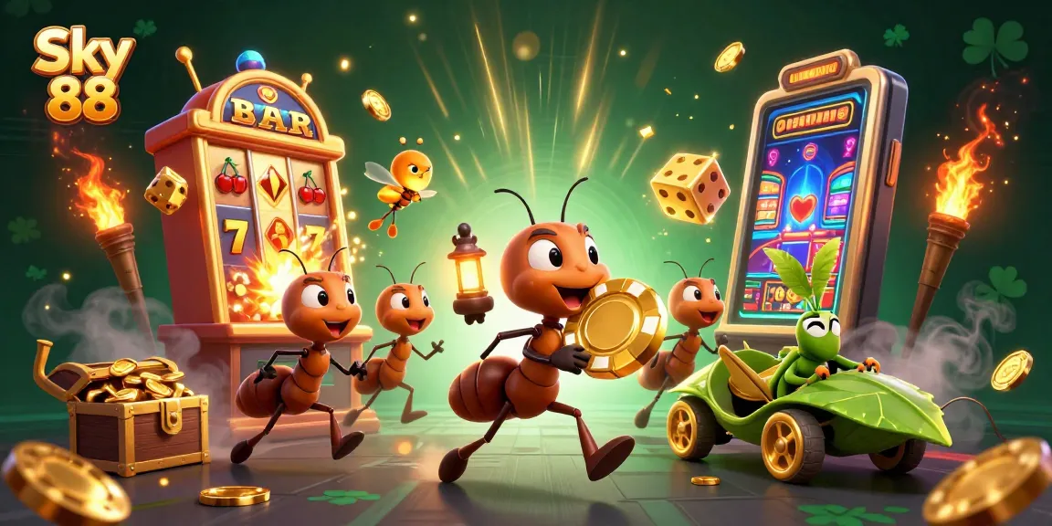 Engage in thrilling adventures with Sky 88 through 3D ants heisting a massive poker chip.