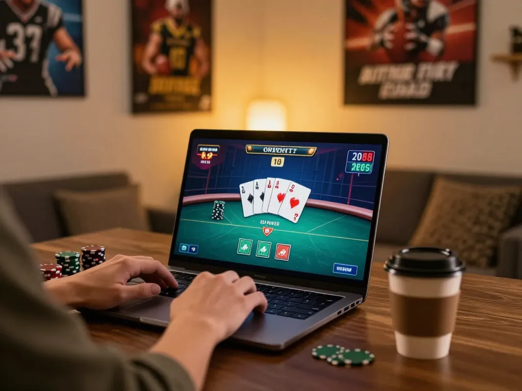 Playing poker tại ok365 on a laptop, showcasing an immersive online gaming atmosphere.