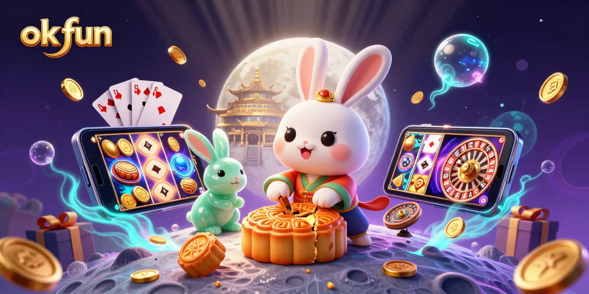 Experience ok fun with a moon rabbit pounding mooncakes revealing poker chips amidst dynamic casino elements.
