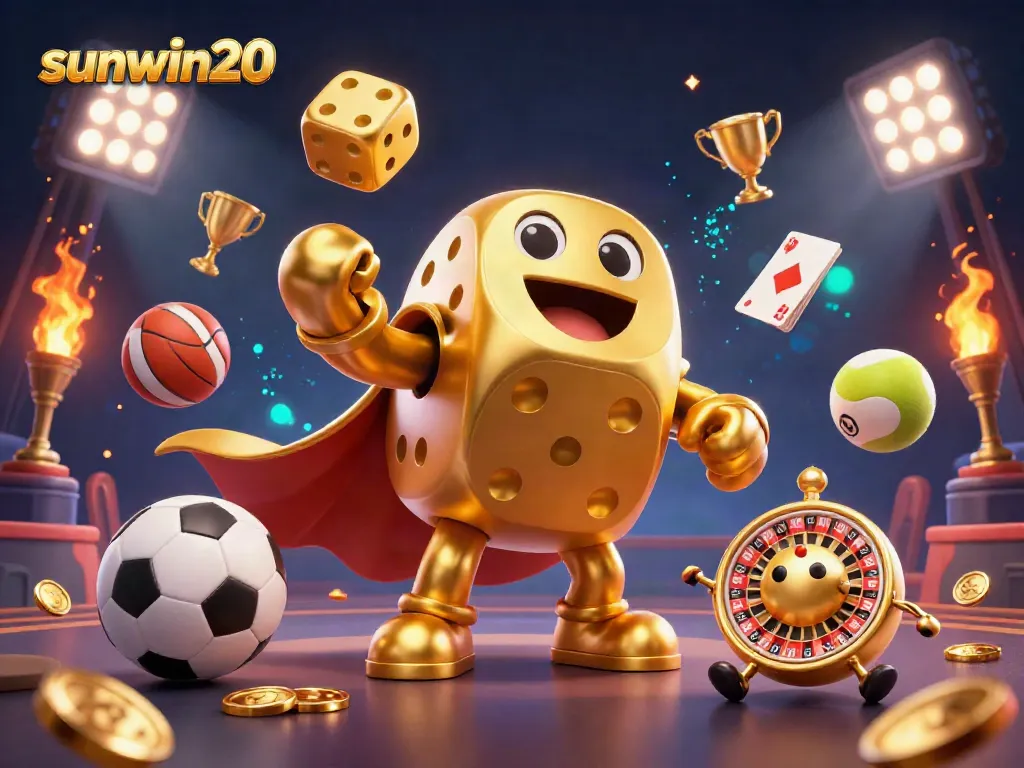 Experience the excitement of sunwin20 with a vibrant casino illustration featuring a golden dice golem and sports elements.