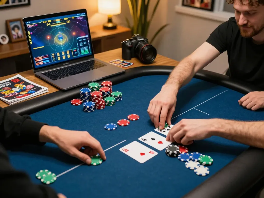 Player engages in a thrilling online poker game with jangkar55, exuding confidence during a strategic bet