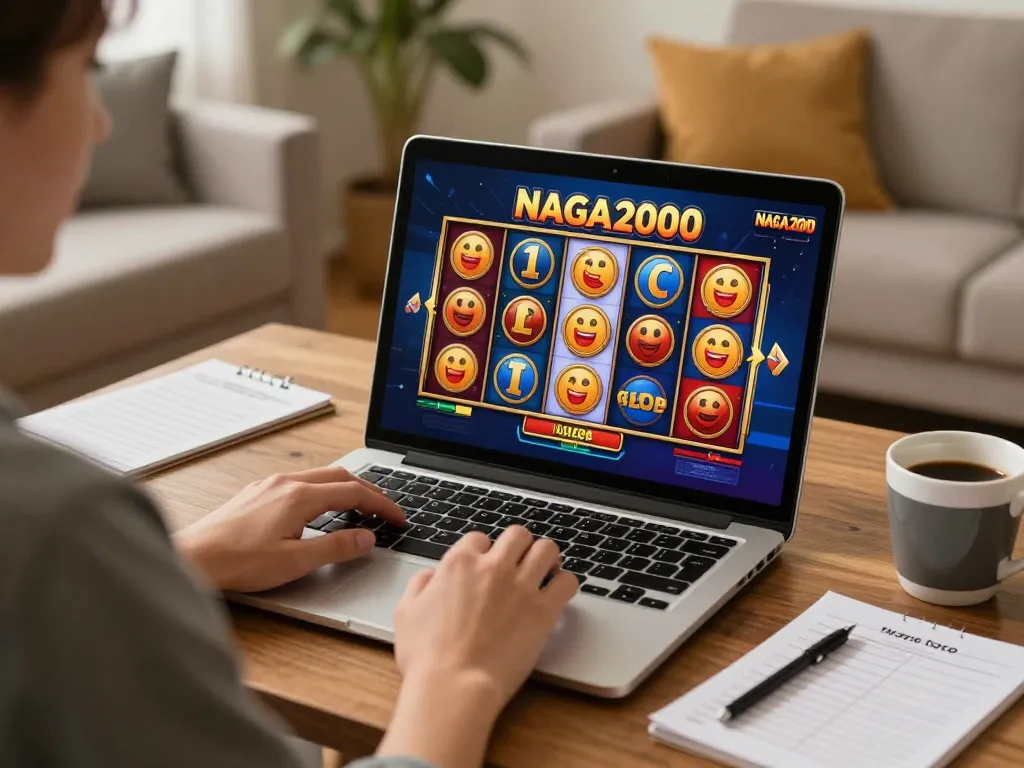 NAGA2000 player enjoying online slot games in cozy home environment with vibrant screen displays.