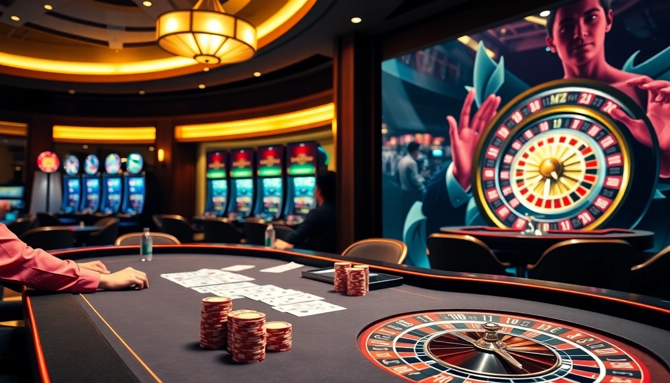 Engaged players at a poker table showcasing nhà cái uy tín in a vibrant casino setting.