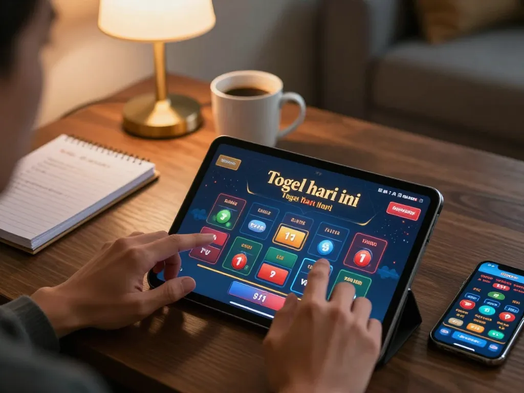The player actively engages in togel hari ini with a tablet, showcasing an exciting online casino environment.