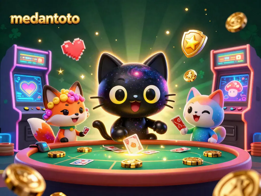 Menangkan permainan dengan medantoto, kucing hitam lubang yang menarik chip emas di meja kasino.