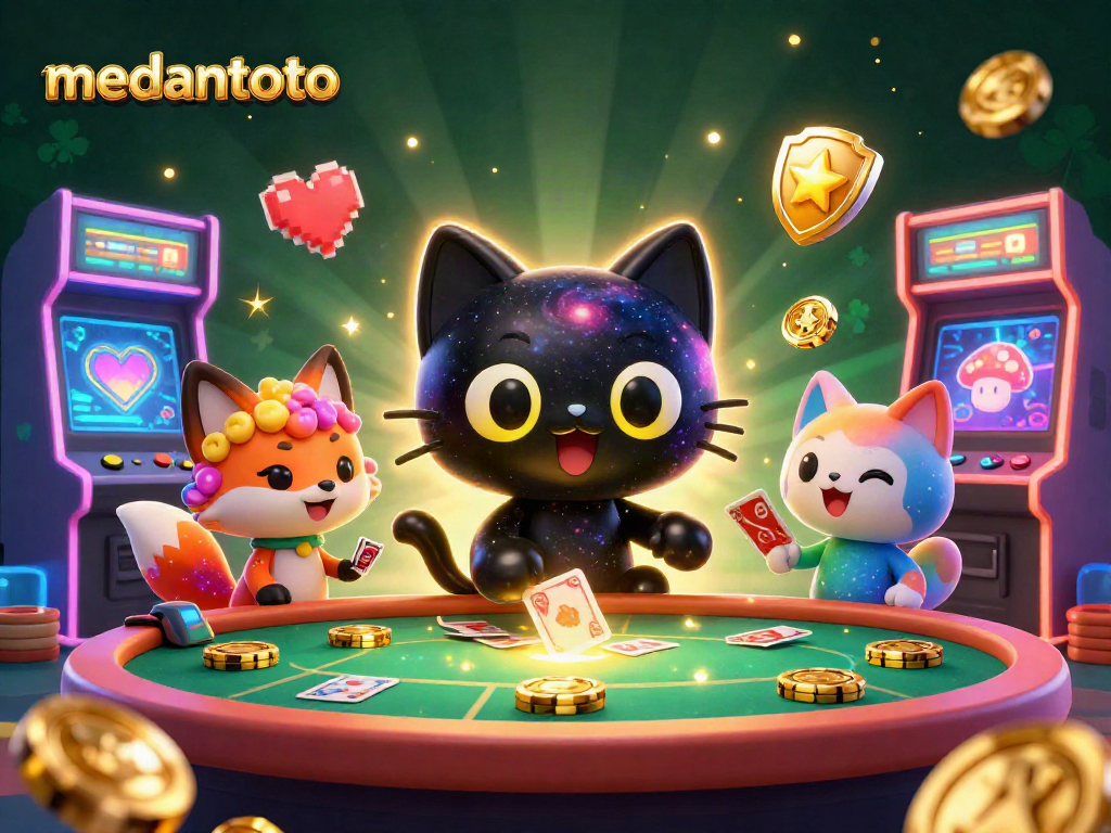 Menangkan permainan dengan medantoto, kucing hitam lubang yang menarik chip emas di meja kasino.