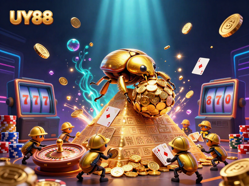 Experience the excitement of UY88 with cartoon beetles amidst golden coins and casino games.
